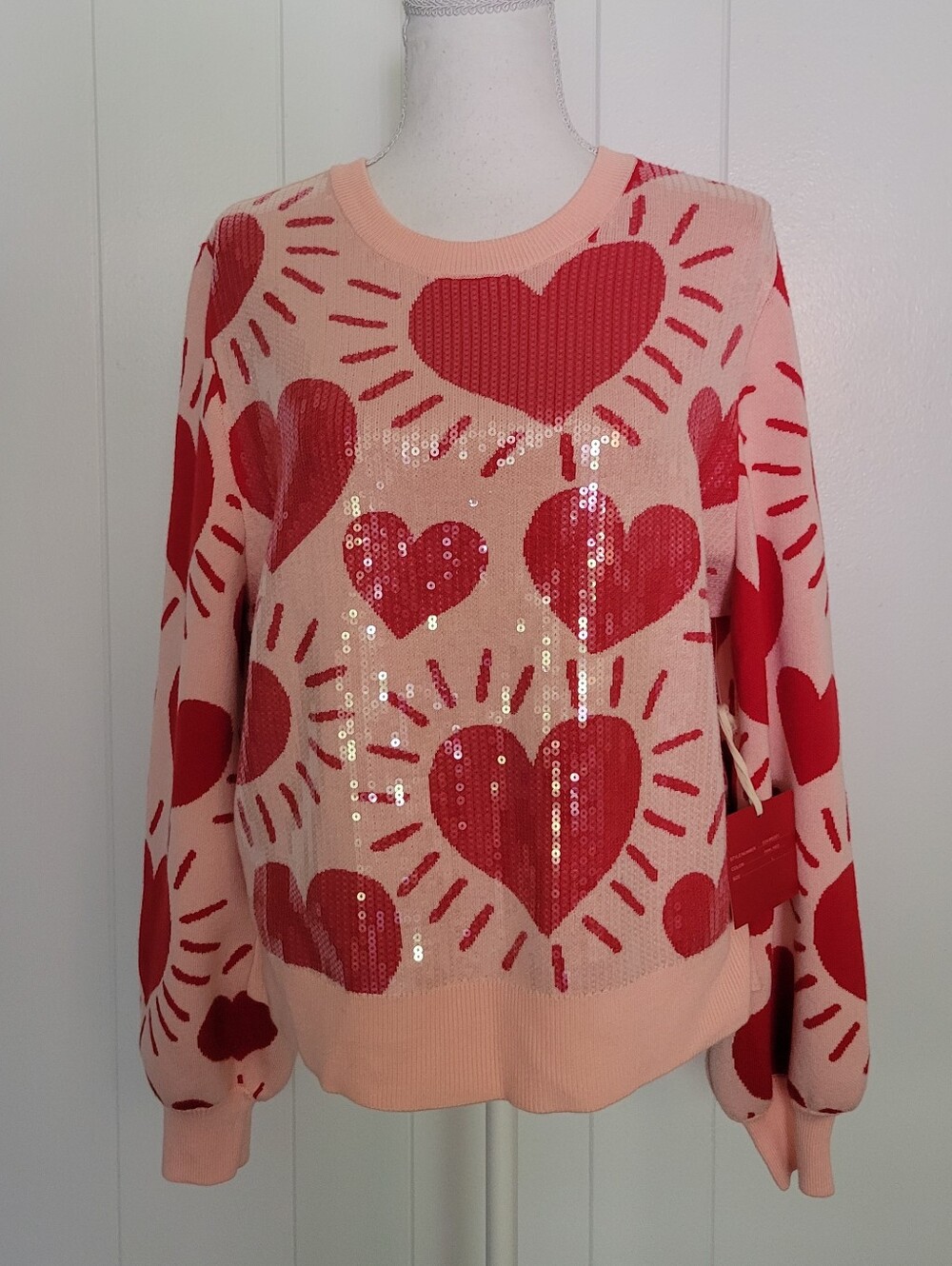 NWT Marled Sequin Hearts Sweater Pink & Red Valentines Day Coquette Feminine LG